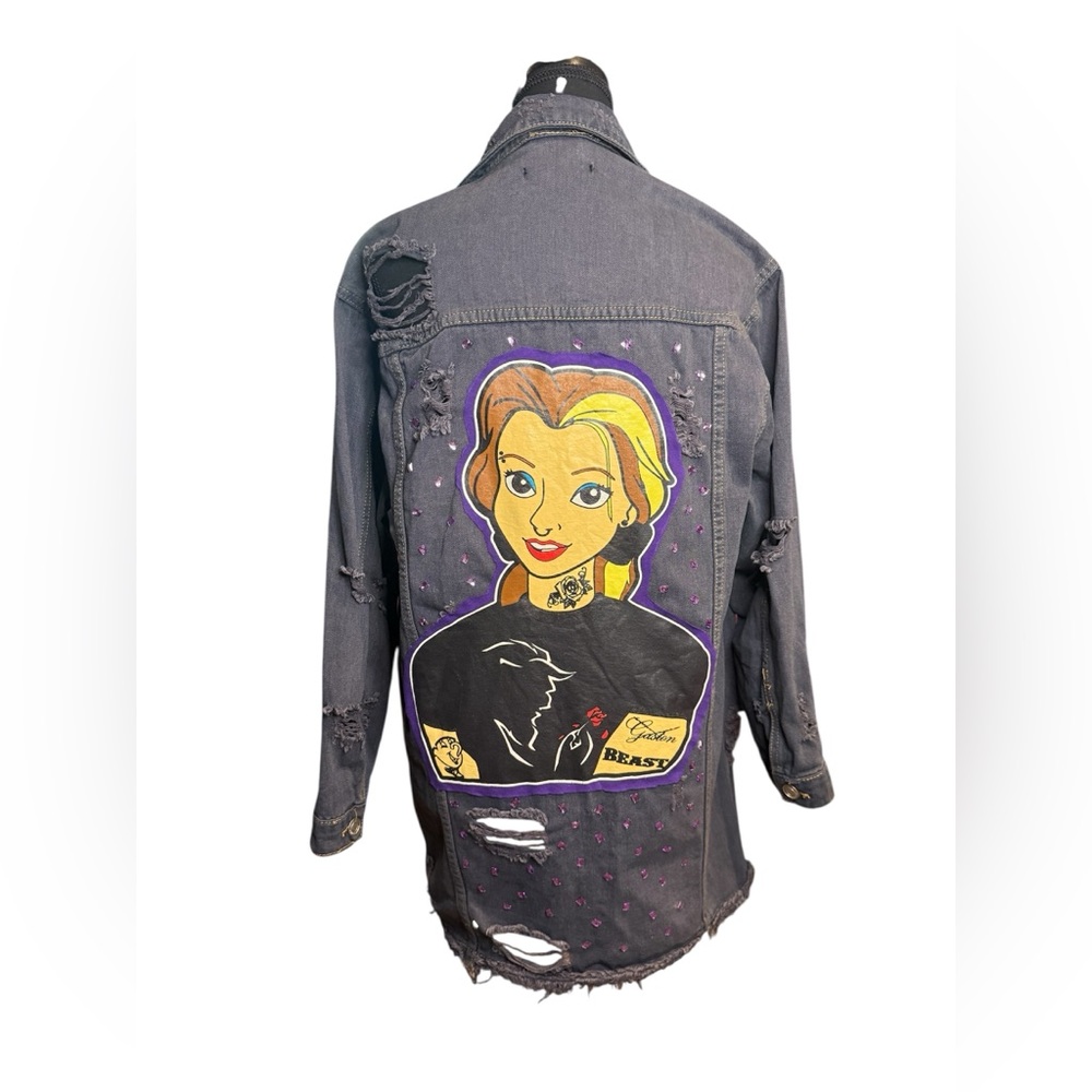 🫶🏼Custom Distressed Denim Jacket Beauty & The Beast Belle Graphic Grunge Glam